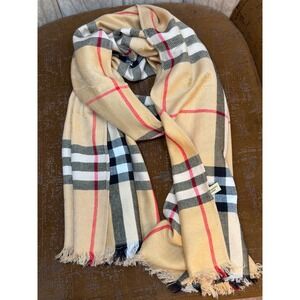 Burberry London Scarf Nova Check Tan Plaid Jacquard Prorsum Knight Logo Fringe